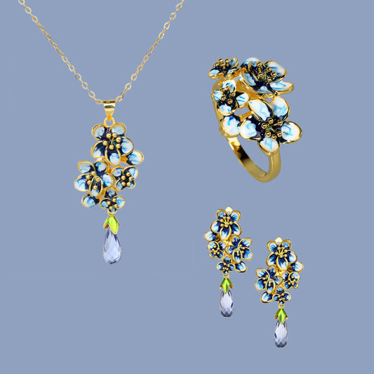 Ornament Three-piece Ring Set Inlaid With Water Drop Gem Necklace Ear Stud