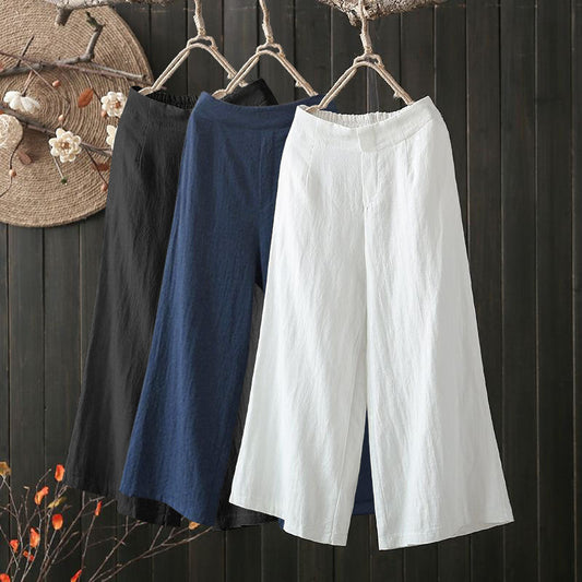 Elastic Waist Cotton And Linen Cropped Wide-leg Pants